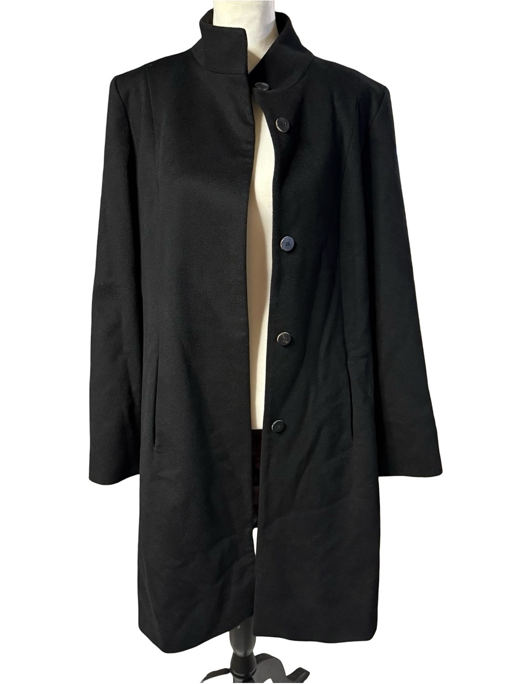VTG Cole Haan City 100% Cashmere Stand Collar Coat Black Made in USA Size 12